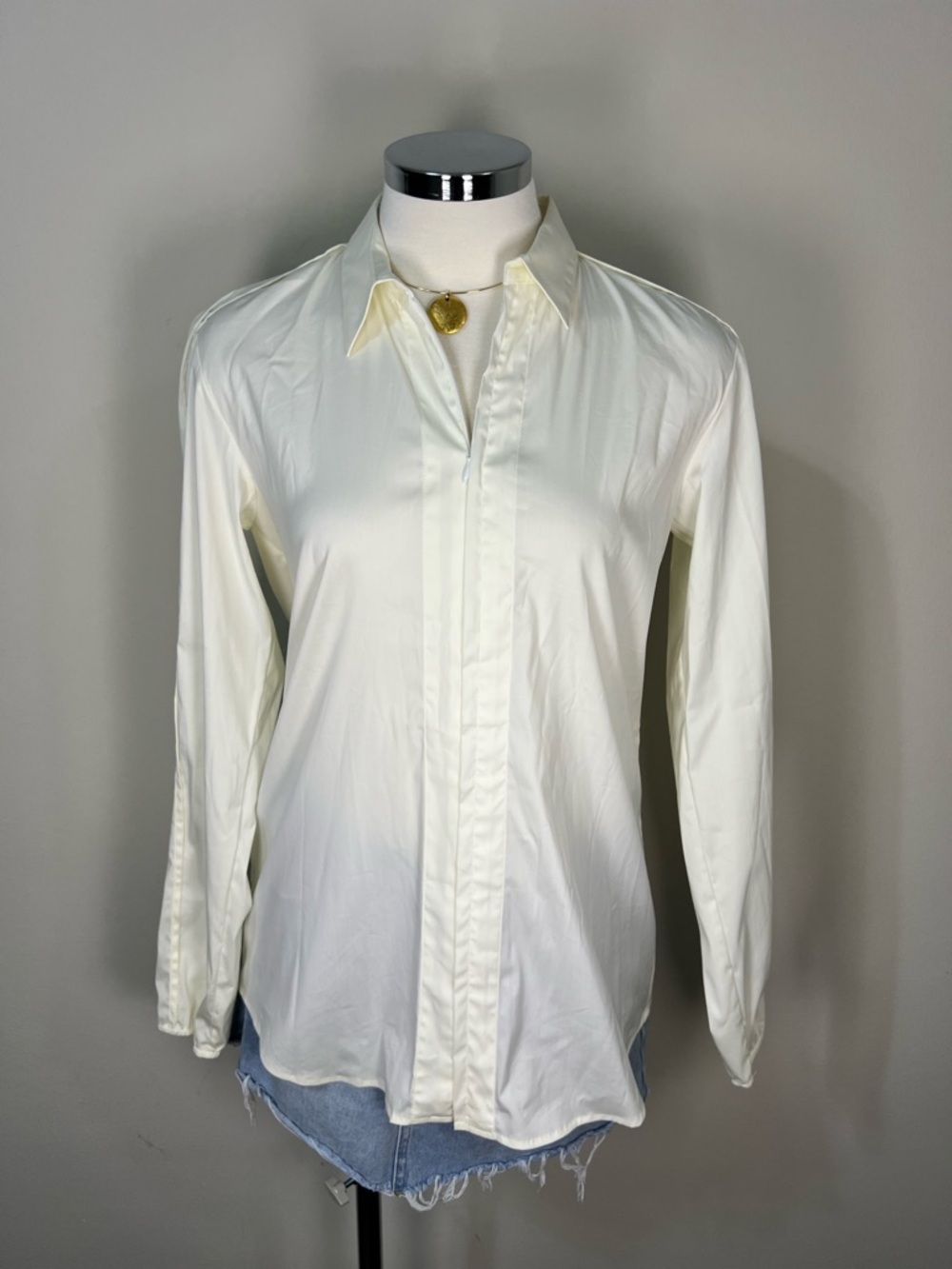 Theory Ivory Zip Front Blouse S Cotton Blend Elastic Cuff Career Classic Shirt